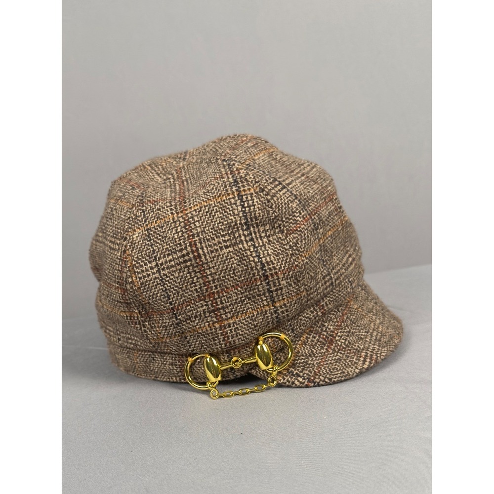 Old County Road Brown Plaid Tweed Newsboy Cap Gold Horsebit Accent OS